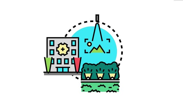 Architectural planning icon illustrating a building with a gear, landscape lighting, and a compass like tool designing an outdoor environment with a sky element
