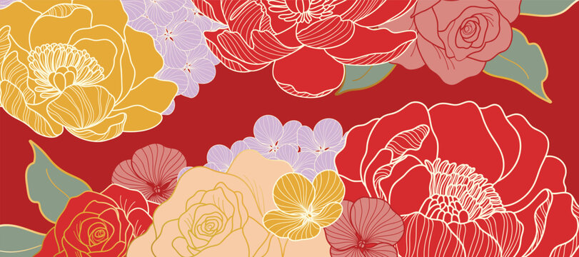 Asian background ,Oriental Chinese and Japanese style abstract pattern background design  with red flower decorate.