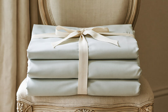 Folded stack of pale blue bed sheets tied with cream satin ribbon bow on upholstered vintage armchair.