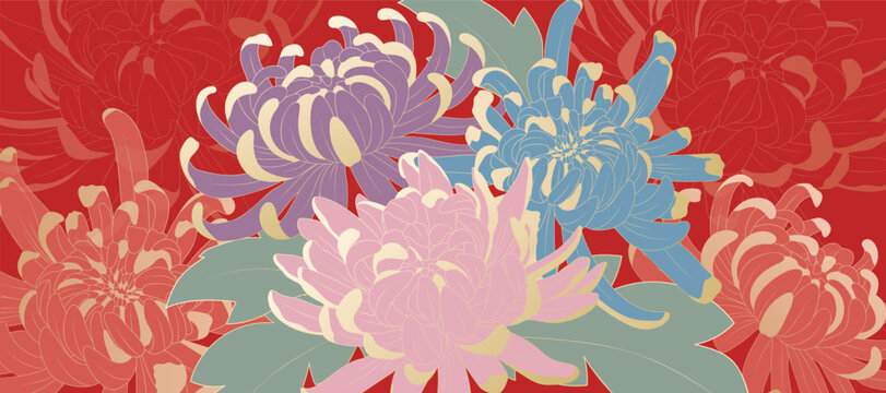 Asian background ,Oriental Chinese and Japanese style abstract pattern background design  with red flower decorate.