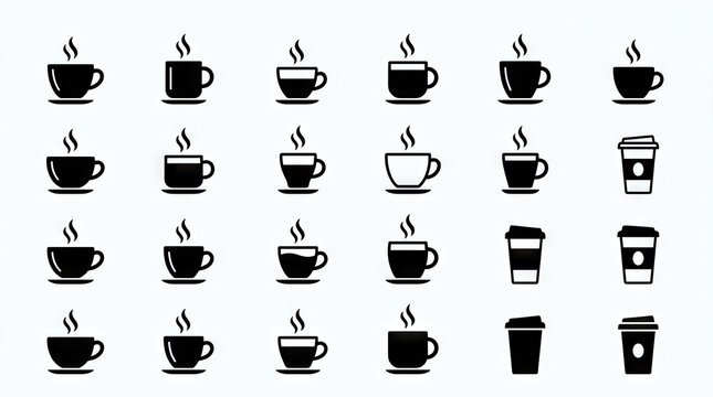 Assorted coffee cup and mug icon grid.