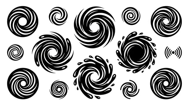 Black and white spiral vortex icon set.