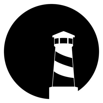 Logo Nautical. Icono con dibujo sencillo de una torre mar&iacute;tima en puerto. Silueta de faro de luz en c&iacute;rculo 
