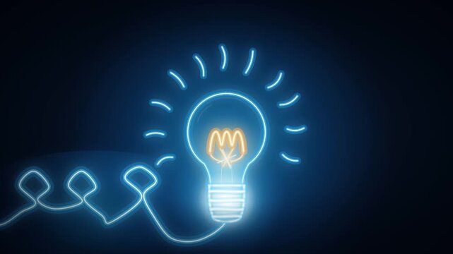 Glowing neon line light bulb drawing itself and lighting up on a dark background