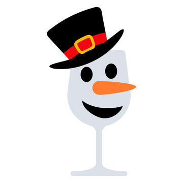 Tiempo de Navidad. Logo snowman. Icono con dibujo sencillo con la silueta de una copa de vino o champa&ntilde;a con el gorro y la cara de un mu&ntilde;eco de nieve sonriente con nariz de zanahoria
