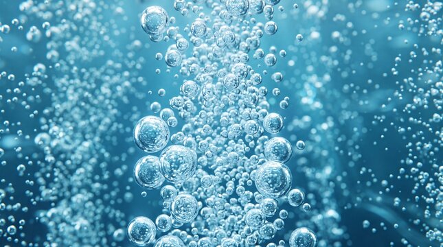 Beautiful macro photography showing clear oxygen bubbles rising rapidly through deep blue liquid underwater creating a refreshing and dynamic background for cosmetic hydration skincare concepts