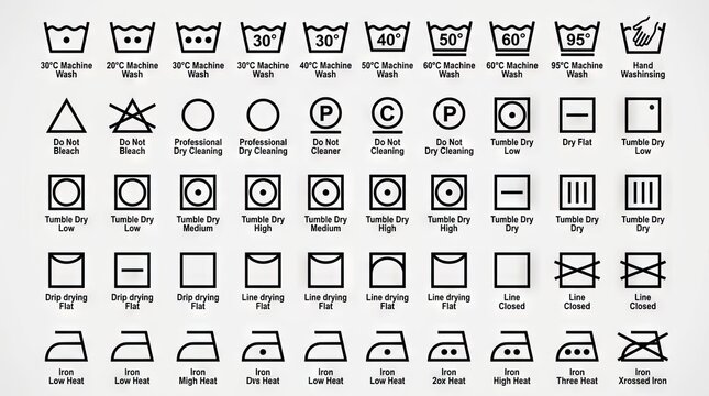 Universal laundry care and textile washing instruction symbols.