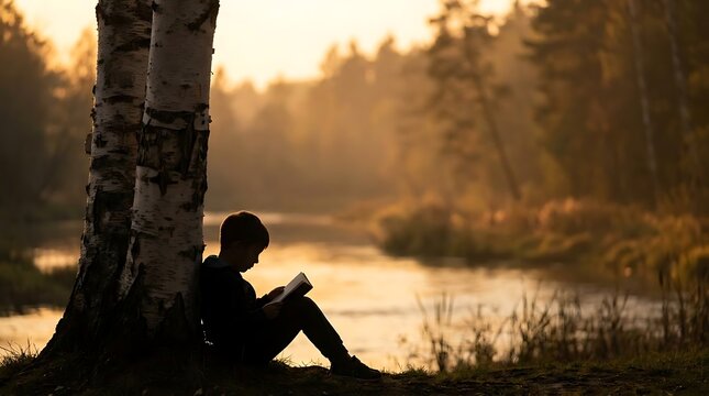 Child reading book under tree silhouette by water.