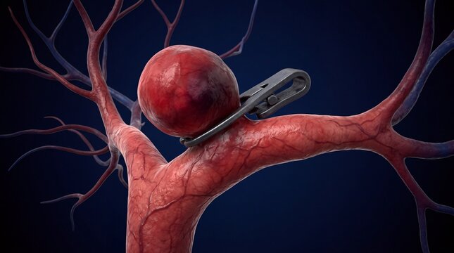 Detailed medical 3D rendering showing a surgical metallic clip applied to a brain aneurysm on a red blood vessel branch for neurosurgery treatment procedure