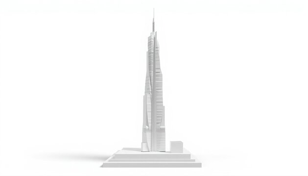 White architectural scale model of a tall skyscraper tower on a stepped podium base with tall building real estate skyscraper architecture building miniature structure cityscape prototype