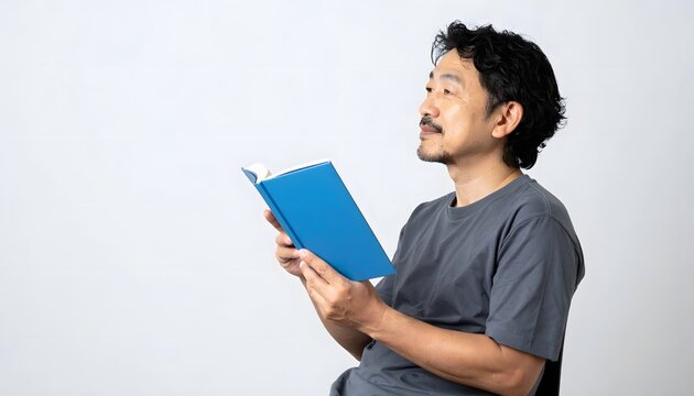 Thoughtful Asian middle aged man reading blue book and looking away on white background