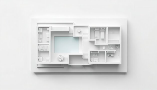 Top view of a white architectural floor plan model showing interior room layouts and swimming pool with interior design scale model house plan real estate flat lay living space room layout