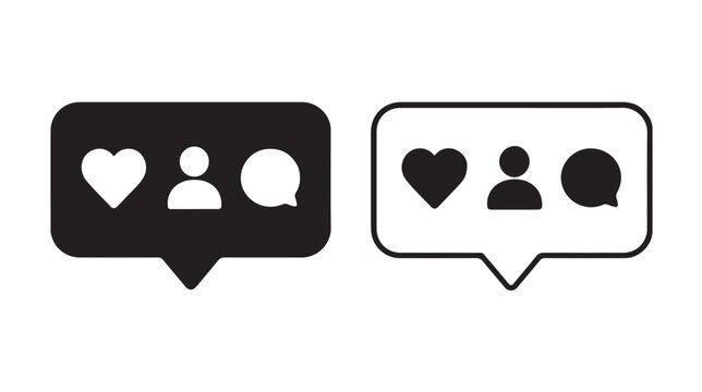 Minimalist social media notification pop-up speech bubble vector icon set featuring a like heart, follower user profile, and comment symbol for app UI design