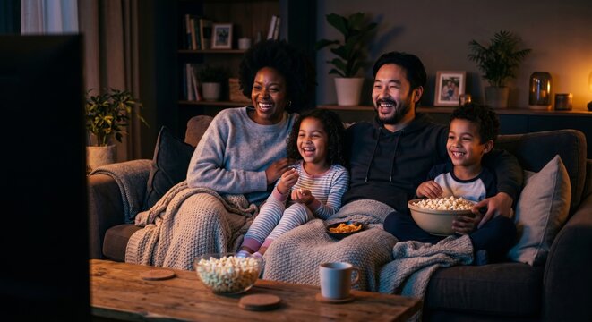 Happy Diverse Family with Children Watching TV and Eating Popcorn on Couch at Night