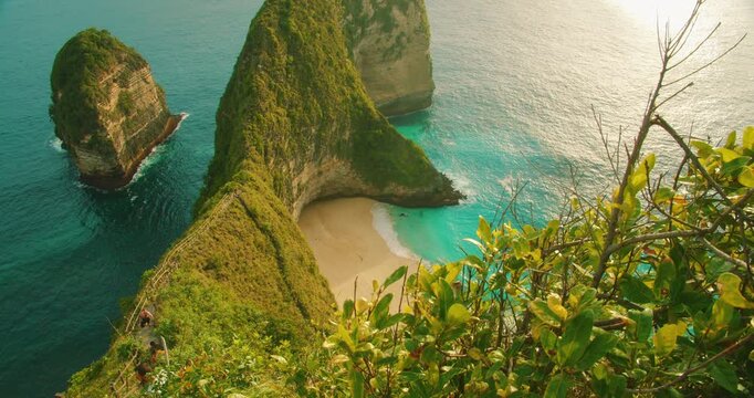 Scenic view of famous T Rex shaped cliff and ocean at Kelingking Beach in Bali Nusa Penida