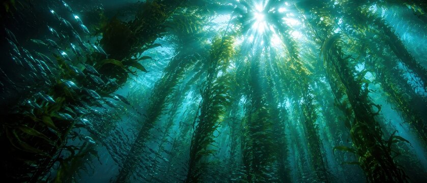 underwater kelp forest with school of silver fish swimming through seaweed under bright sunlight