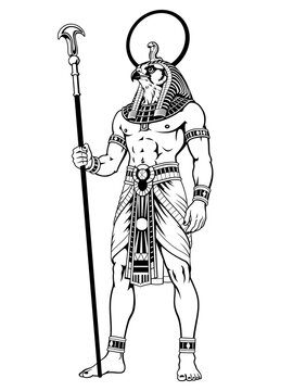 Ancient Egyptian God Ra. Black and white vector clipart.