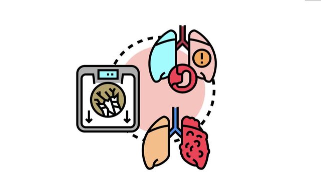Icon set depicting human lungs, stomach, and weight scale with arrows, symbolizing various breathing and respiratory system disorders, health, and medical conditions