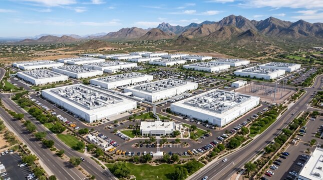 high aerial view of a large modern data center campus with white buildings, rooftop cooling equipment, parking lots, roads and desert mountains under clear blue sky