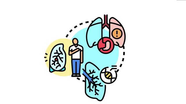 Human figure experiencing chest pain, indicating a breathing illness, with internal organs showing lung damage, a stomach issue, and genetic factors influencing respiratory health