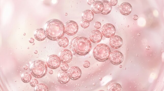 Pink hydrating serum micro bubbles floating in soft liquid gel demonstrating collagen beauty treatment nourishment and moisture essence for cosmetic product advertising background concept