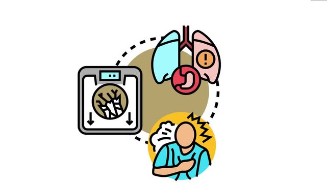 Breathing difficulties concept linking affected lungs, a person experiencing chest pain, and a device showing environmental factors or allergens impacting respiratory health