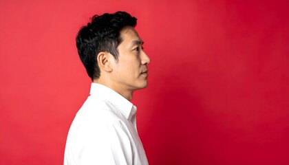 Obraz premium Side Profile of a Serious Asian Man in White Shirt Against Red Background