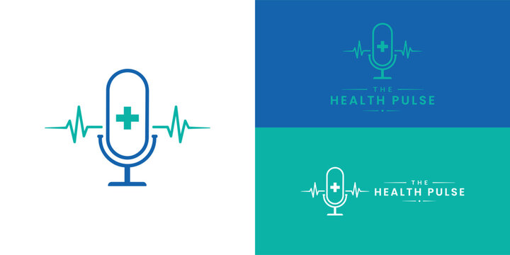 Blue microphone line art with a teal medical cross inside, set against a teal and blue background of EKG heart monitor pulse lines.