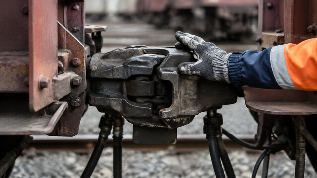 Railway worker inspecting freight train coupling mechanism. Close-up of gloved hand checking heavy rail equipment for safety, maintenance, and transport reliability.