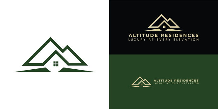 A minimalist, dark green logo featuring stylised mountain peaks integrated with a house roofline and window grid. It was designed for a brand of mountain condos.