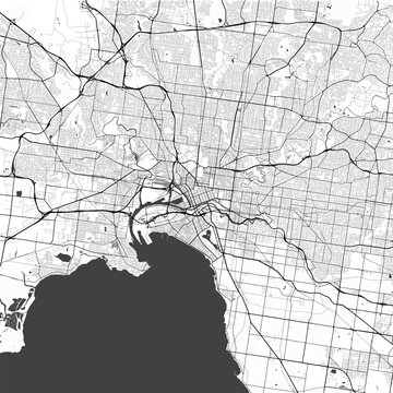 Minimal vector city map of Melbourne with streets, parks and Yarra River