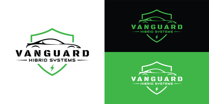 A minimalist green shield logo featuring a sleek car silhouette and a lightning bolt symbol. Designed for automotive hybrid battery service providers.