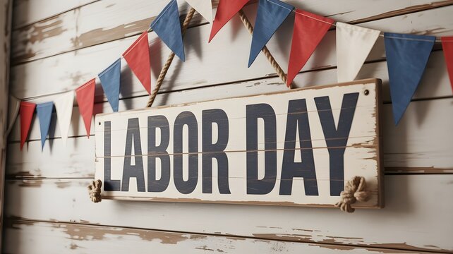 Rustic labor day wooden sign with red, white, and blue bunting flags against a distressed white wooden wall background, perfect for holiday celebration and patriotic decor themes