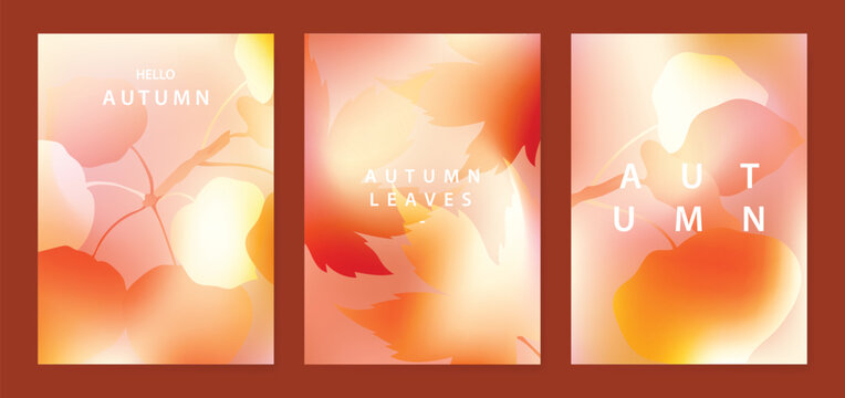 Abstract blur gradient autumn card background set. Minimalist poster with ginkgo and maple leaf. Modern fall season wallpaper design for home decoration, website, banner, ads.