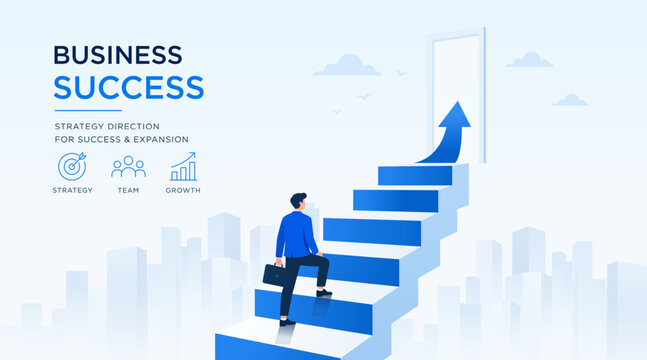 Business success concept with businessman walking up stairs toward the door of success, vector illustration. Career growth, business achievement, opportunity, leadership, and corporate development