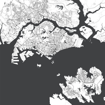 Minimal vector city map of Singapore with streets, parks and coastline