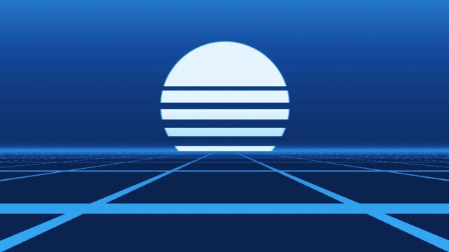 Synthwave striped sun over grid horizon, seamless loop motion background, deep blue