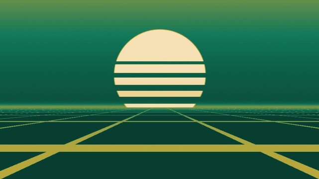 Synthwave striped sun over grid horizon, seamless loop motion background, emerald gold