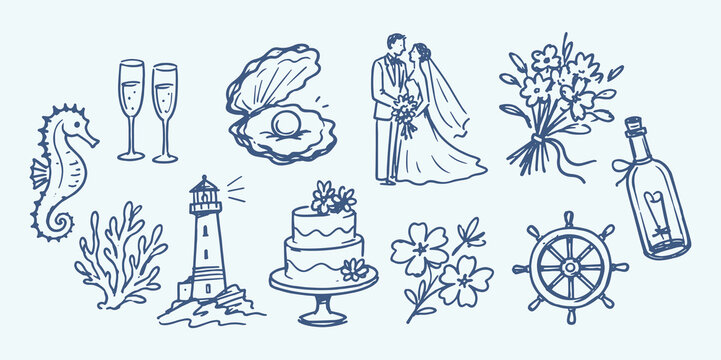 Nautical Wedding Doodle Set Illustration