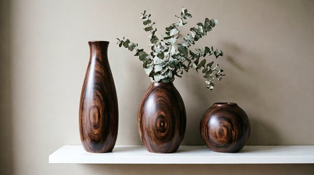 Three polished wooden vases with eucalyptus on white shelf
