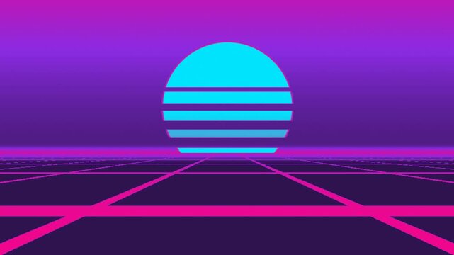 Synthwave striped sun over grid horizon, seamless loop motion background, neon cyber