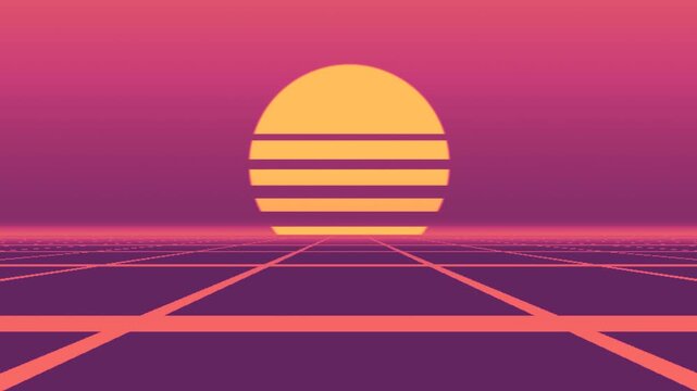 Synthwave striped sun over grid horizon, seamless loop motion background, sunset coral