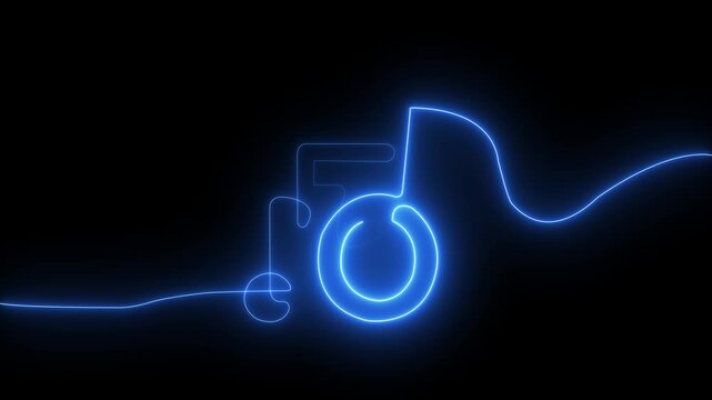Neon blue continuous line music note animation on black background