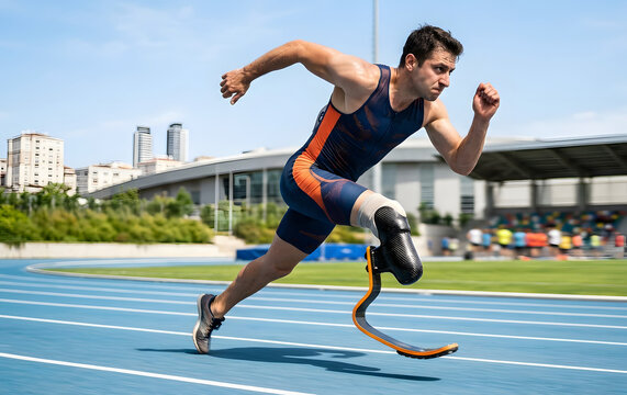 Athlete with Prosthetic Running Blade Sprinting on Track 