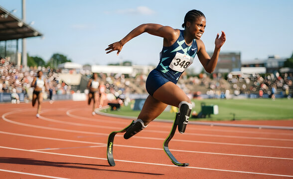 Athlete with Prosthetic Running Blade Sprinting on Track 