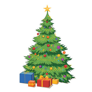 Hand-drawn Christmas tree with garlands, ornaments, and gifts. Vector illustration isolated on a white background