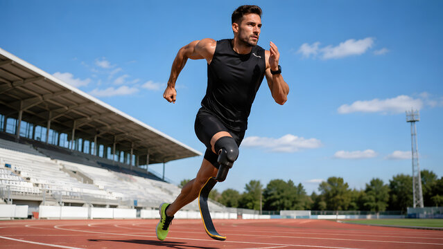 Athlete with Prosthetic Running Blade Sprinting on Track 