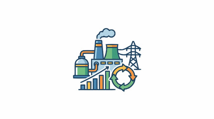 Fototapeta premium Industrial factory complex with smoke stacks and green energy recycling symbols.