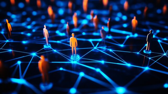 Glowing orange stylized human figurines stand connected by bright blue digital networking lines in this high contrast technological abstract concept