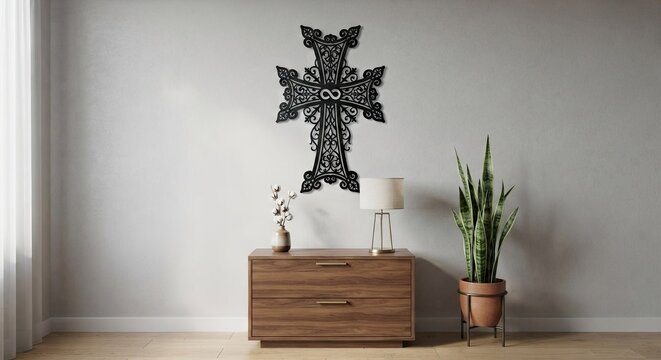 Carved black Armenian khachkar cross on white wall in room
